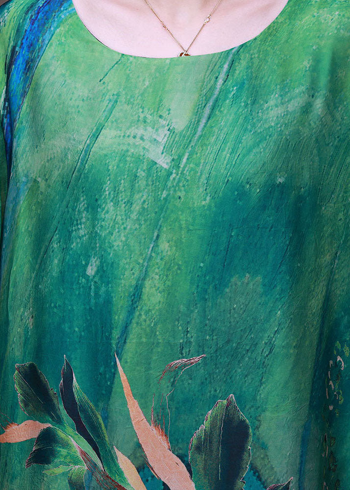Green O-neck Oversized Print Pockets Silk Beach Dresses Bracelet Sleeve