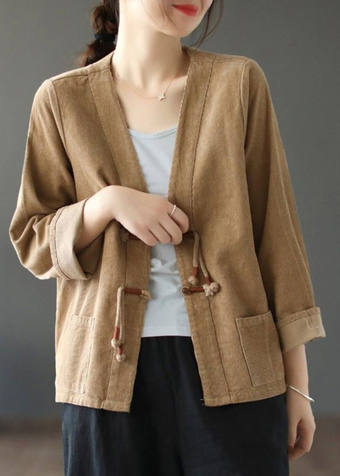 Black V Neck Tasseled Button Patchwork Corduroy Coat Fall