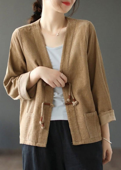 Black V Neck Tasseled Button Patchwork Corduroy Coat Fall