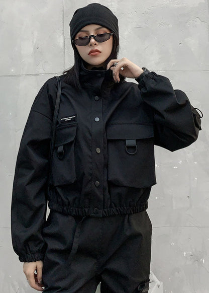 Art Black Stand Collar Pockets Button Fall Coat Long Sleeve