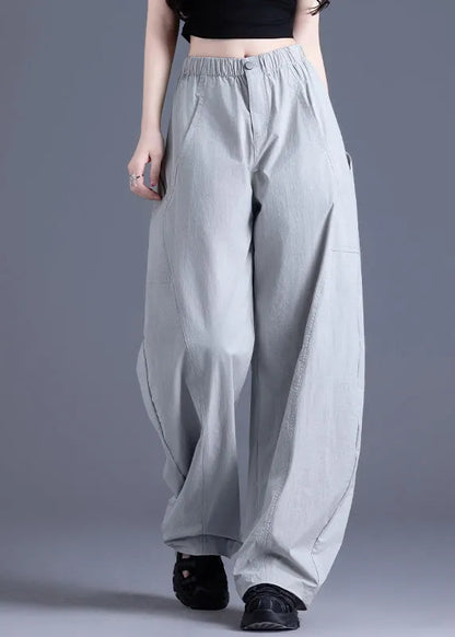 Brown Pockets Elastic Waist Cotton Pants Spring