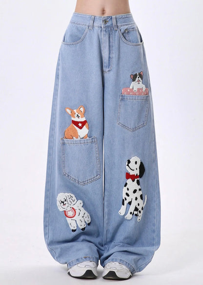Diy Blue Animal Embroidered Denim Straight Pants Spring