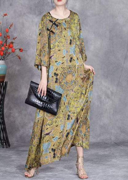 Yellow O Neck Button Print Silk Long Dresses Bracelet Sleeve