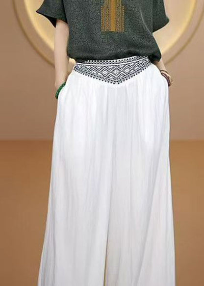 Blue Embroidered Elastic Waist Cotton Pants Fall