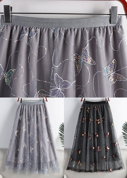 Black Embroideried Sequins Layered Tulle a Line Skirt Summer