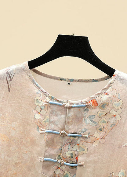 Apricot O-neck Print Oriental Button Side Open Linen Tops Half Sleeve