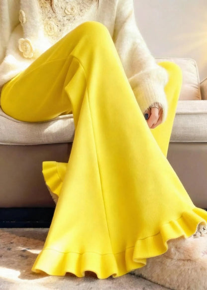 Yellow Ruffled Silm Fit Cotton Flared Trousers Winter