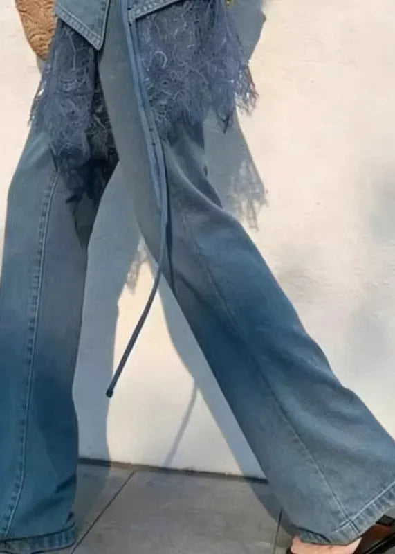 New Blue High Waist Lace Patchwork Straight Jeans Summer