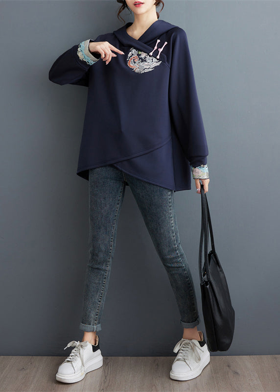 Navy Embroideried Patchwork Cotton Sweatshirt Tops Spring