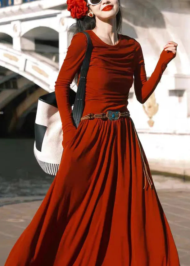 Red O-neck Pockets Cotton Long Dress Spring