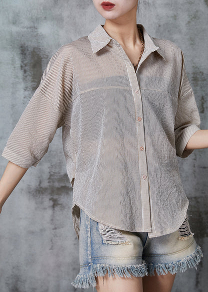 Khaki Striped Wrinkled Cotton Shirt Tops Summer