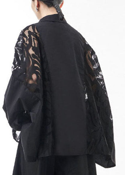 Black Peter Pan Collar Lace Patchwork Blouse Tops Spring