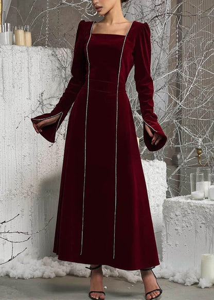 European and American Style Black Square Collar Velour Dresses Flare Sleeve