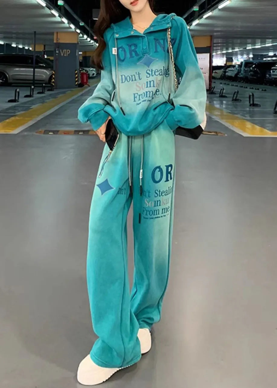 Blue Letter Sweatshirt and Pants Warm Fleece Two Pieces Set Hooded