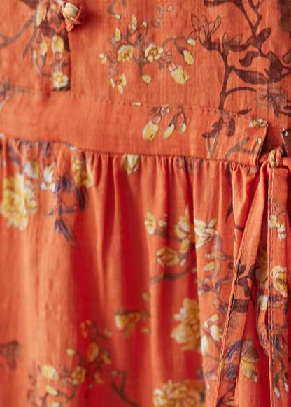 Orange Pockets Print O Neck Dress