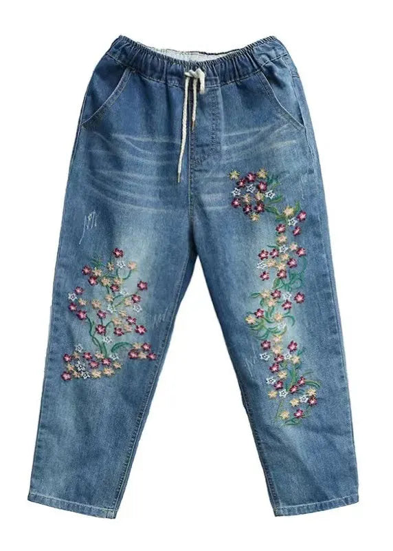 Blue Embroidered Denim Crop Pants Summer