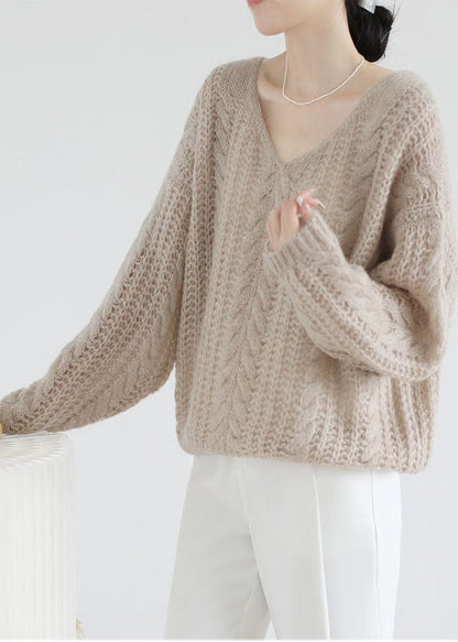 Style Apricot V Neck Chunky Oversized Ma Hai Mao Knitted Tops Spring