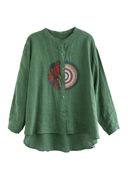 Green Embroideried Linen Shirt Top Long Sleeve