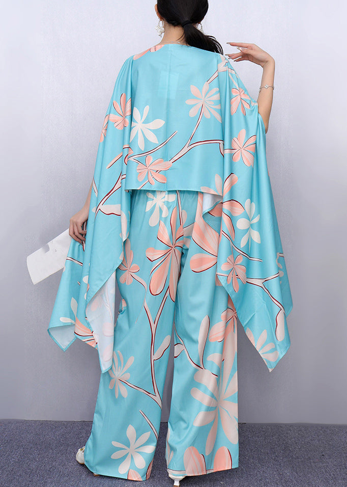Lake Blue Asymmetrical Print Top and Wide Leg Pants Two Piece Set Fall
