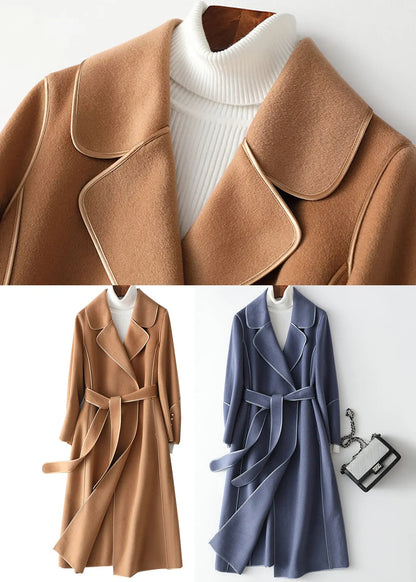 Light Blue Notched Patchwork Woolen Long Coats Fall