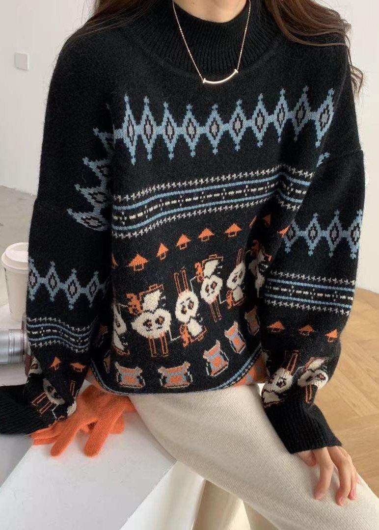Black Rabbit Pattern Knit Sweat Tops High Neck Sweater Tops