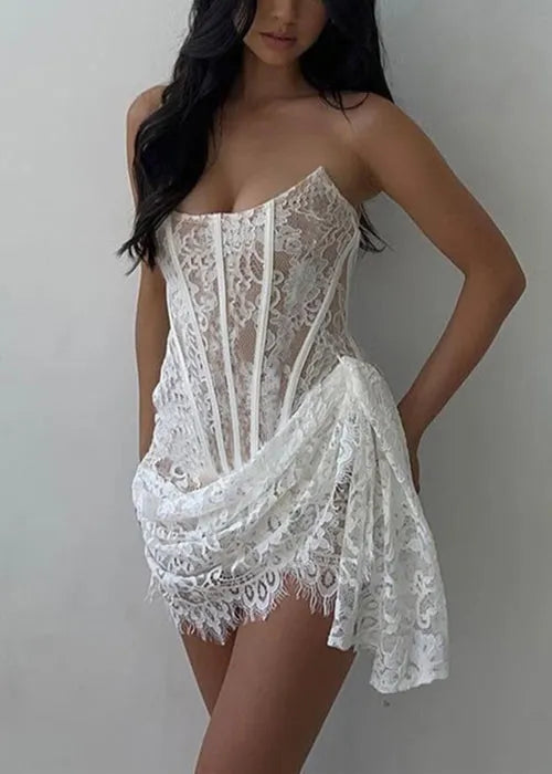 White Cold Shoulder Asymmetrical Lace Cotton Mini Dress Sleeveless