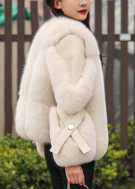 Beige Fox Collar Button Leather and Faux Fur Coats Winter