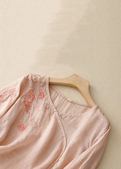 Light Pink Embroideried Side Open Linen Tops Spring