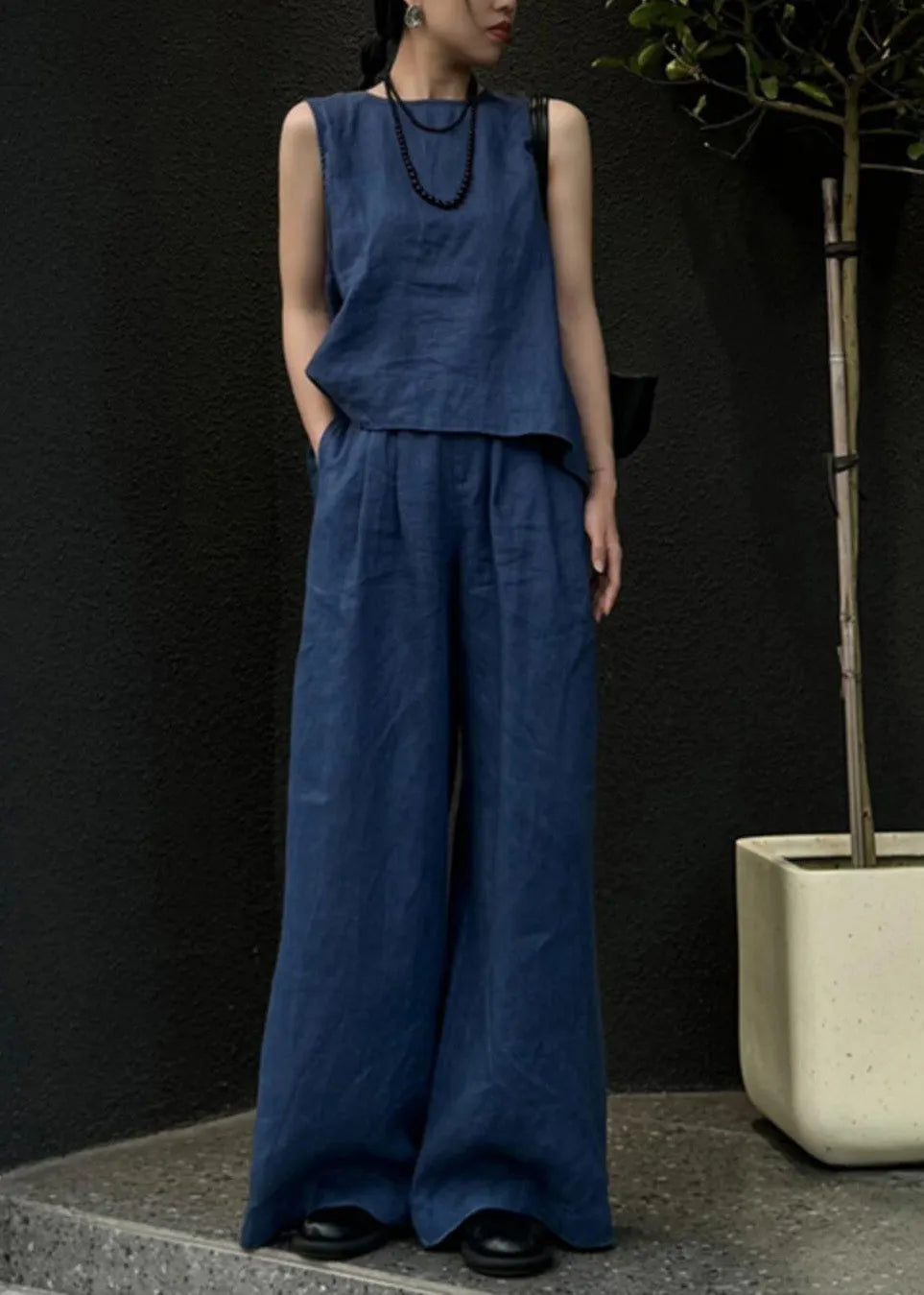 Blue Linen Vest and Wide Leg Pants Two Pieces Set Sleeveless