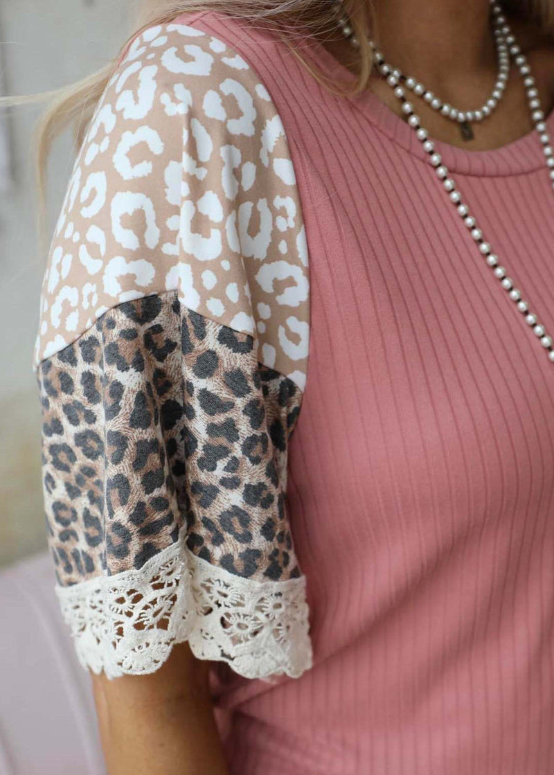 Pink O-neck Lace Patchwork Leopard Print Tank Top Short Sleeve