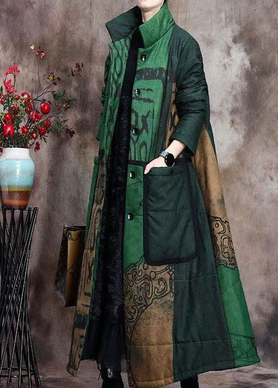 Boutique Green Print Pockets Thick Cotton Winter Long Sleeve Coat