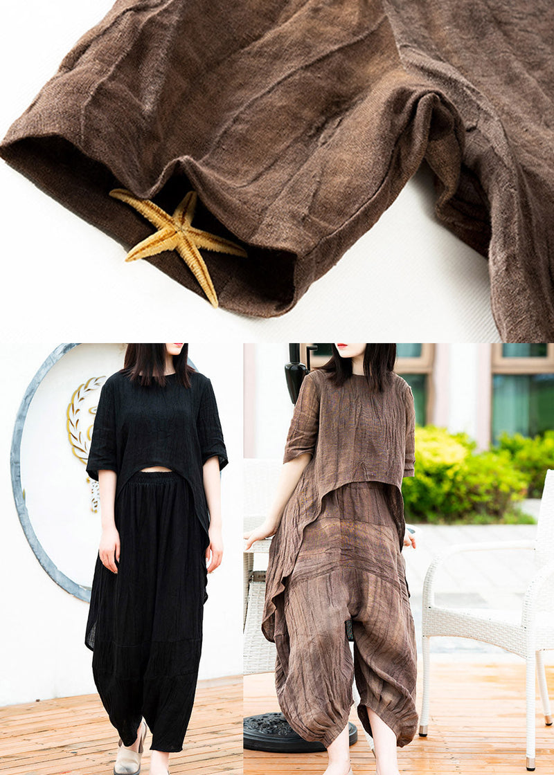 Black Low High Design Linen Tops and Crop Pants Two Pieces Set Summer