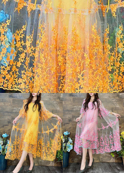 Yellow Hooded Embroideried Patchwork Tulle Two Pieces Set Summer