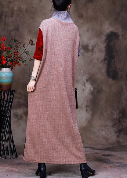 Turtleneck Striped Patchwork Knit Long Sweater Dress Long Sleeve