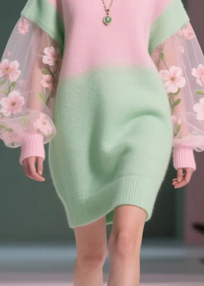Handmade Colorblock Flower Patchwork Tulle Sweater Dress Winter