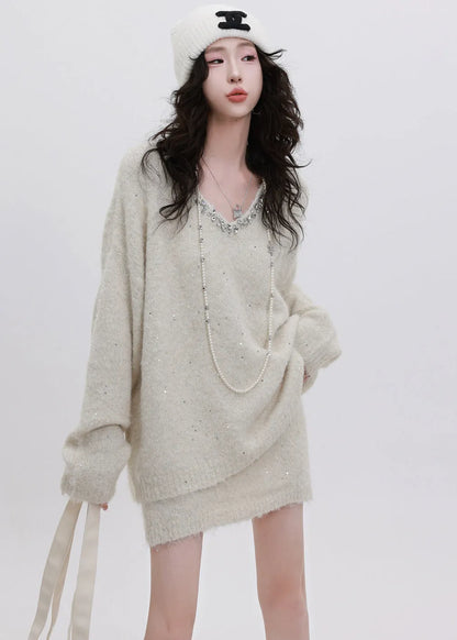 Boutique White Sequins Warm Knit Sweater and Skirt Two Piece Set Winter