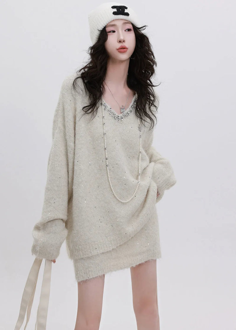 Boutique White Sequins Warm Knit Sweater and Skirt Two Piece Set Winter