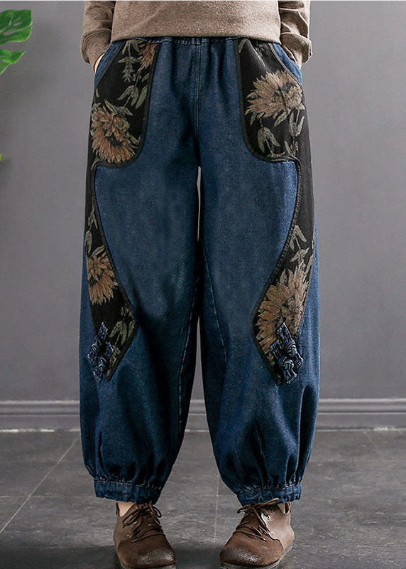 Denim Blue Elastic Waist Embroideried Pockets Cotton Harem Pants Spring