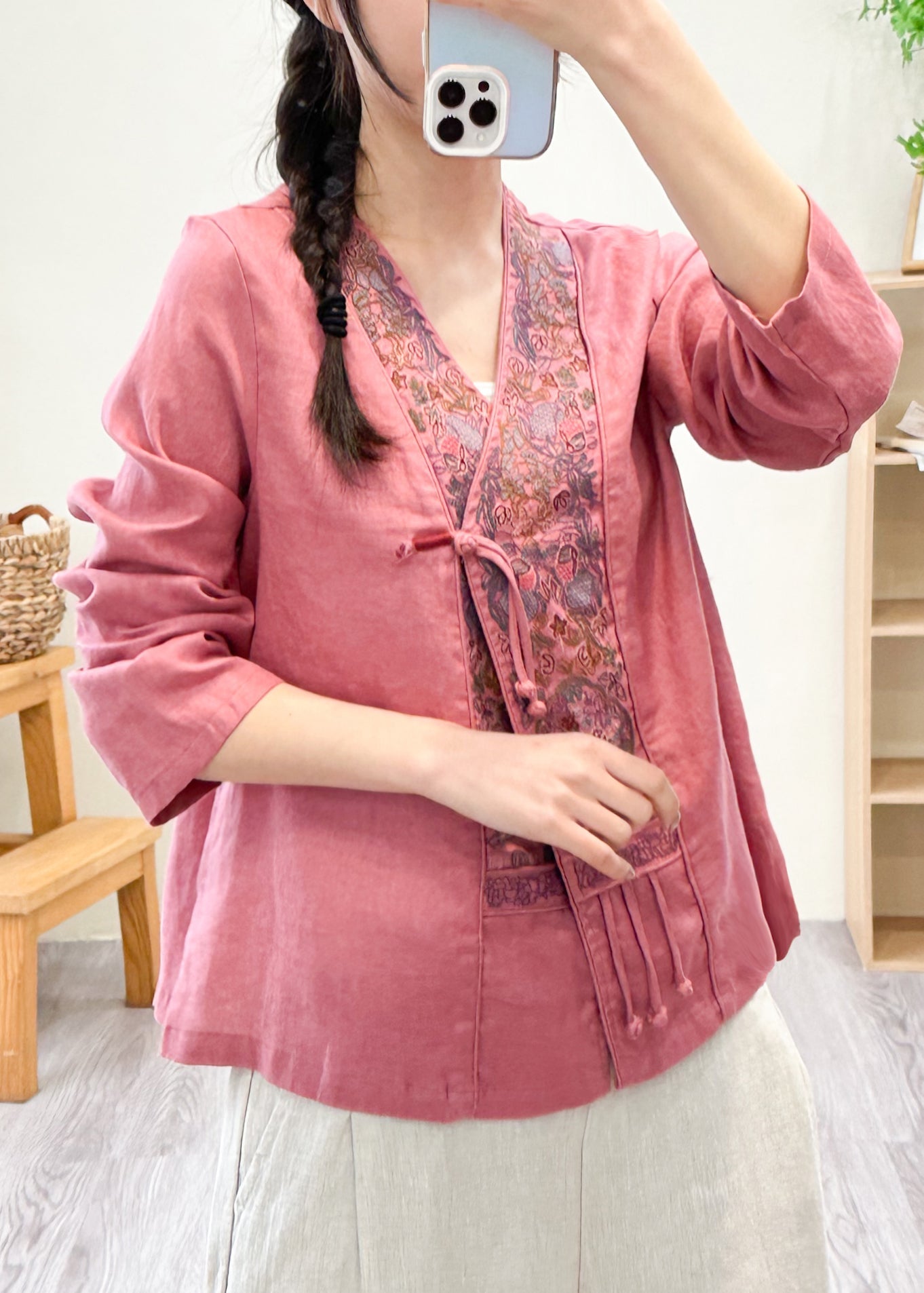 Pink V Neck Embroideried Patchwork Linen Shirts Fall
