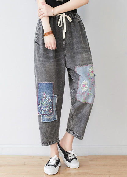 Grey Embroideried Patchwork Applique Cotton Denim Pants Spring