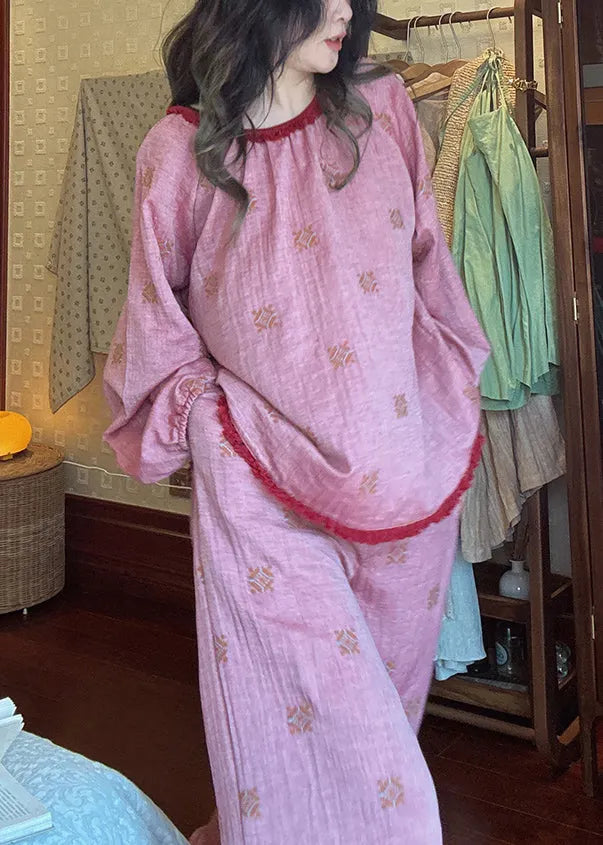 Loose Purple O Neck Print T Shirt and Pants Cotton Pajamas Two Piece Set Fall