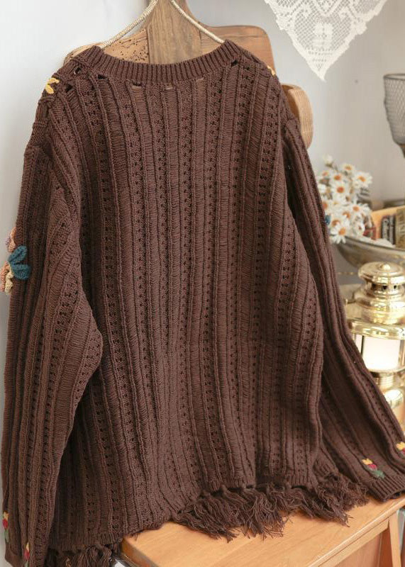 Beige Tasseled Hollow Out Knit Sweaters Spring