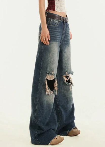 Blue High Waist Wide Leg Ripped Jeans Fall