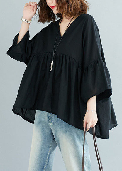 Green Feather V Neck Patchwork Asymmetrical Design Fall Top Three Quarter Sleeve