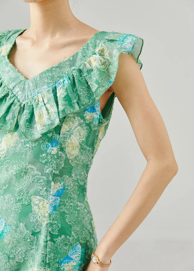 Unique Green Ruffled Butterfly Silk Long Dress Summer