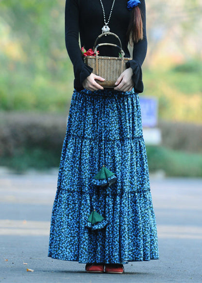 Blue Wrinkled Print Patchwork Corduroy Skirts Spring