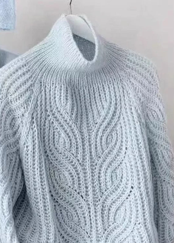 Style Blue Turtleneck Cozy Cotton Knit Cable Knit Sweaters Lantern Sleeve Spring