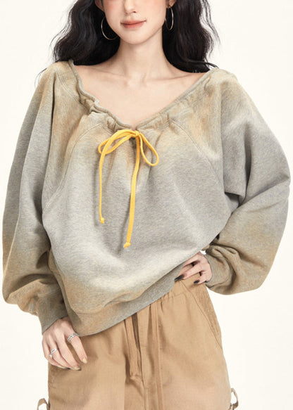 Grey Slash Neck Drawstring T Shirt Fall
