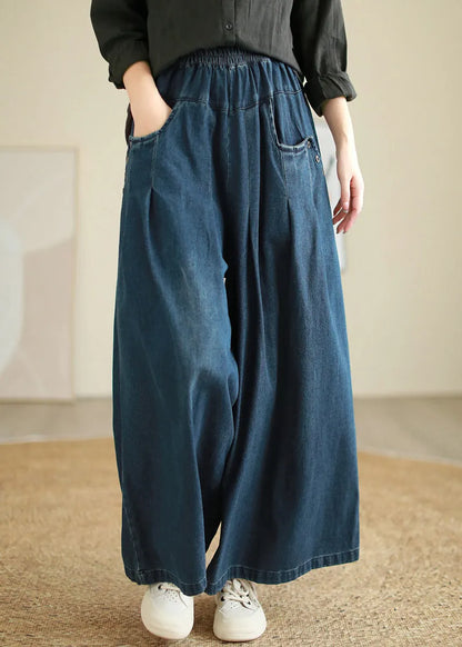 Denim Blue Pockets Elastic Waist Flare Pants Fall