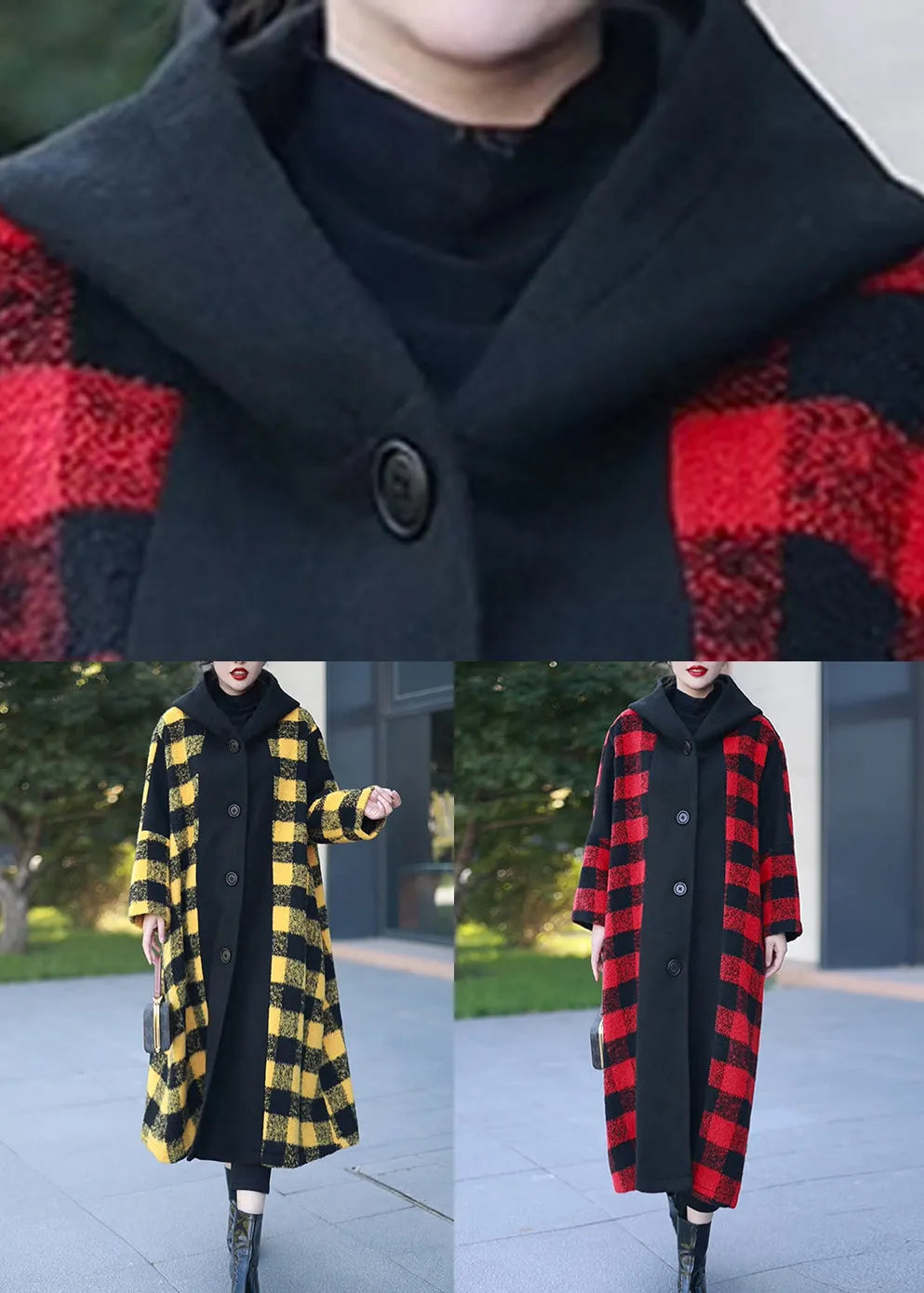 Loose Yellow Hooded Button Patchwork Woolen Coats Winter
